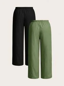 SHEIN EZwear 2pcs/Set Plus Size Women Olive Green & Black Color Pants, Wide Leg Pants For Women, Baggy Pants