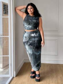 Solflare 2pcs Plus Size Set: Brown Tie-Dye Vest & Skirt,Spring Summer Clothes - Black - View 3