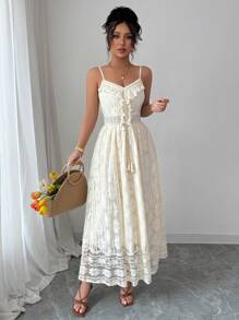 Elenzga 女士时尚优雅度假休闲 V 领抽绳腰部花卉蕾丝镂空长裙，适合外出和海滩，春夏季 - 杏色 - 查看 6