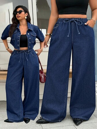 Jeanoix Jeans di taglia grande con lavaggio scuro e vita con cordoncino