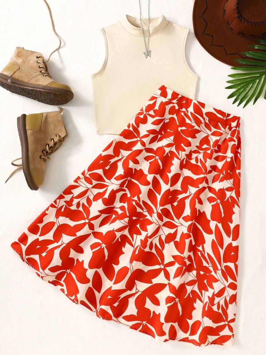 SHEIN Leap Crew Tween Girls Vacation Casual Knit Collared Sleeveless Top & Ditsy Floral Mini Skirt 2-Piece Set - Orange - View 1