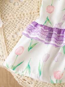 年轻女孩可爱郁金香印花盖袖蝴蝶结装饰蓬松连衣裙，碎花公主裙，春夏新品