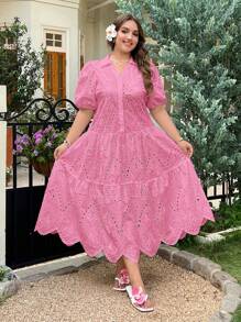 SHEIN EZwear Vestido fucsia bordado con diseño calado para talla grande - Rosa Fucsia - Ver 3