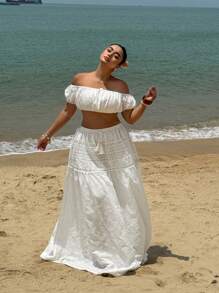 Sunnyshic 2 Pieces Set: Short Ruched Lace Patchwork Bamboo Shoot Skirt - White - View 5