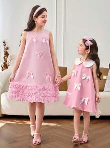 Young Girl Contrast Color Collared Sleeveless Fitted Casual Dress - Pink - View 3