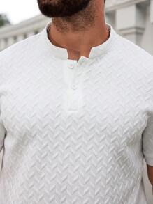 Manfinity Homme Men's White Summer Casual 2 Pieces Outfits Jacquard Trapezoidal Pattern Stand Collar Short Sleeve POLO Shirt & Drawstring Shorts Set,Vacation Holiday - White - View 4