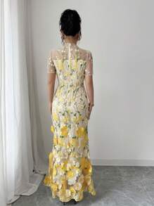 Elenzga Elegant 3D Floral Embroidered Mermaid Dress - Yellow - View 2