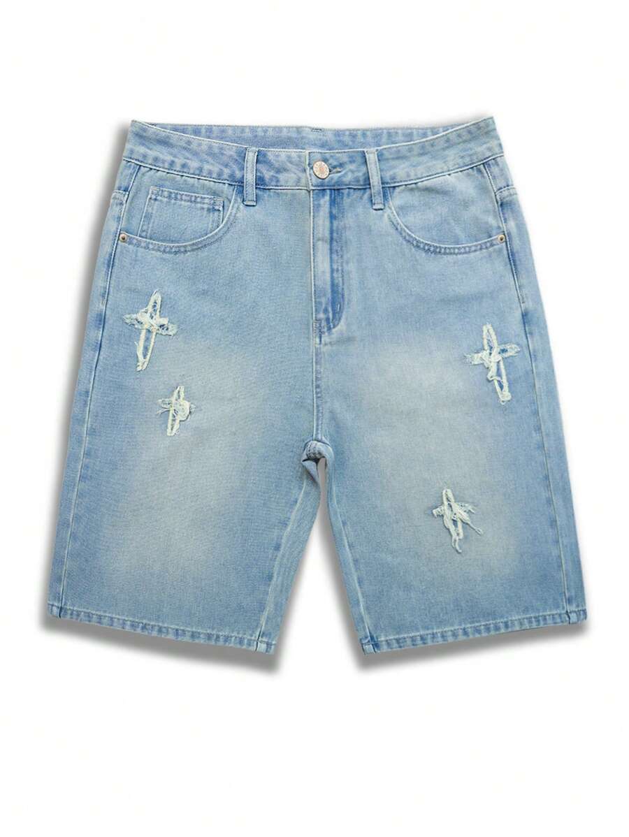 Manfinity Hypemode 男士休闲水洗做旧牛仔短裤 - 淺色水洗藍 - 查看 1