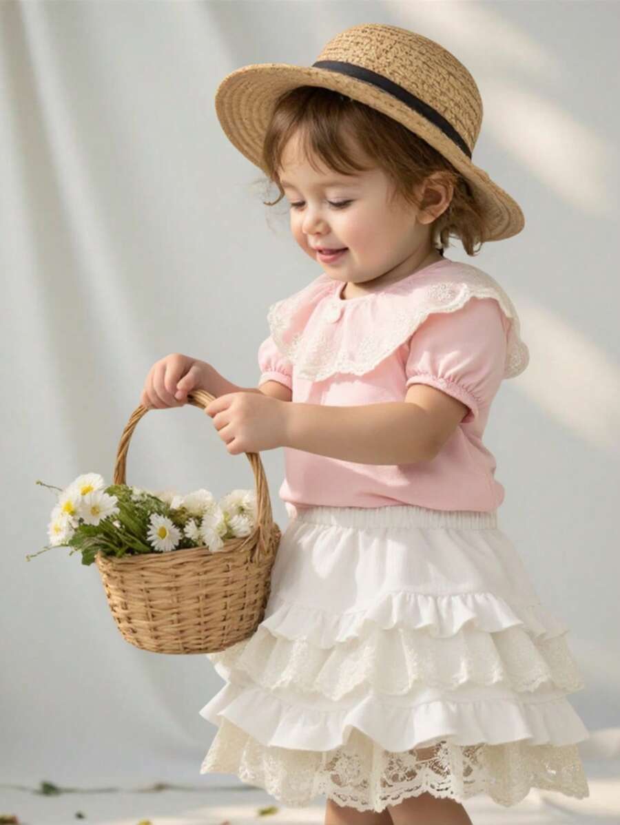 SHEIN Baby Girl Sweet Lace Ruffle Collar Short Sleeve Cardigan And Asymmetrical Ruffled Peplum Skirt Full Outfit Set, Suitable For Summer - Multicolor - View 1