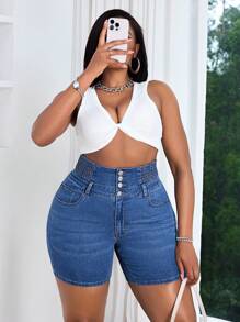 SHEIN SXY Quần short denim bó cạp cao co giãn cỡ lớn - Rửa tối - Xem 4