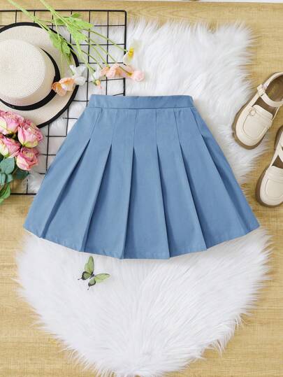 SHEIN 青少年女孩日常休闲甜美清凉纯色A字褶裙