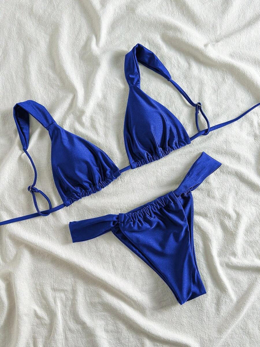 SHEIN Swim Bộ bikini màu trơn dành cho nữ với áo ngực và đồ bơi cho kỳ nghỉ - Xanh đậm - Xem 1
