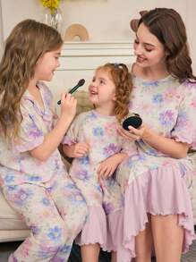 Young Girl' Light Purple Puffed & Ruffled Trim Short Sleeve Ruffle Hem Dress - Mauve Purple - View 1