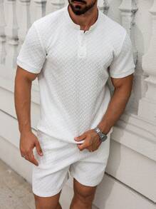 Manfinity Homme Men's White Summer Casual 2 Pieces Outfits Jacquard Trapezoidal Pattern Stand Collar Short Sleeve POLO Shirt & Drawstring Shorts Set,Vacation Holiday - White - View 5