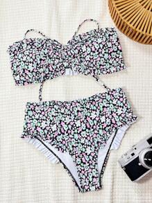 Women Summer Beach Floral Print Sexy Split Bikini Set. Prints Are Random, Ruffles Without Locked Edges. - Multicolor - View 4