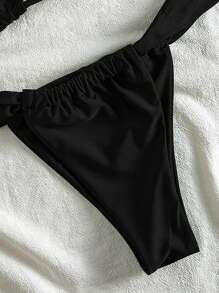 Swim Vcay Summer Beach Women's Solid Color Pleated Sexy Bikini Set For Holiday, Two-Piece - Black - View 7