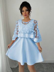 Elenzga Women's Round Neck Solid Color Elegant Chiffon Dress With Shawl - Blue - View 3