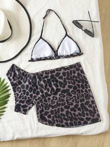 SHEIN Tween Girl 3pcs Leopard Print Bikini Swimsuit Set