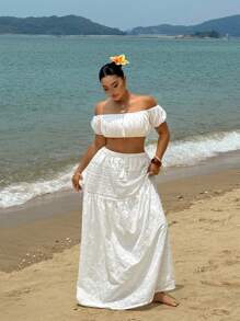 Sunnyshic 2 Pieces Set: Short Ruched Lace Patchwork Bamboo Shoot Skirt - White - View 6