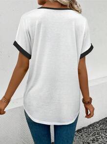 INAWLY Damen Sommer V-Ausschnitt Farbblock Schleife Muster Kurzarm T-Shirt