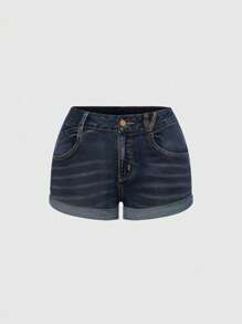 ROMWE Fairycore Quần short denim cạp thấp thêu hình bướm và đầu lâu cổ điển gợi cảm Y2K dành cho phụ nữ ngoại cỡ, Trở lại trường học - Màu xanh lam - Xem 4