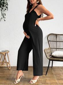 SHEIN Commuter Versatile Deep V-Neck Ruffle Strap Jumpsuit - Black - View 3