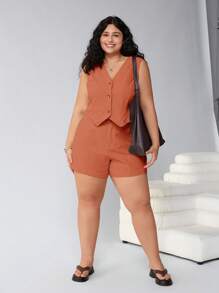 Solflare Conjunto de 2 piezas talla grande, chaleco naranja y pantalones cortos, estilo de resort, primavera/verano