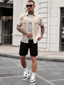 Manfinity Homme Men's Casual Solid Color Shirt And Shorts Set, Versatile Men's Shirt Short Sets Sets For Men Shirt Co Ords Men Clothes Set Summer Shirt Set Men Sets For Men Summer - Multicolor - View 5