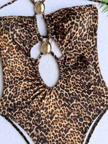 Swim SXY 女士连体豹纹交叉露背比基尼泳装，性感欧美泳衣 - 彩色 - 查看 4
