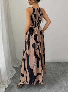 Elenzga Vestido elegante de mujer con cuello halter, corte en la cintura, twist y bloque de color asimétrico, para primavera/verano