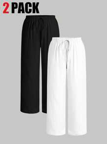 SHEIN EZwear Set de 2 pantalones para mujer talla grande, blanco y negro