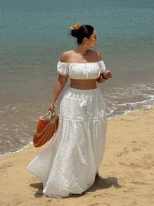 Sunnyshic 2 Pieces Set: Short Ruched Lace Patchwork Bamboo Shoot Skirt - White - View 4