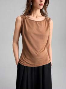 Ontre Women's Elegant Coffee Brown Lyocell Sleeveless Top,Summer Date Night Backless Urban Style Flap Collar Metal Decor Music Festival 2025 New Style - Brown - View 5