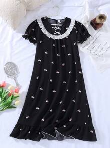 SHEIN Teen Girl White Bow Ruffle Hem Pink Cherry Bubble Short Sleeve Long Nightgown Sleepwear Bow Summer Clothes Graduation Gift Ballerina Clothes Girls Dresses - Black - View 5