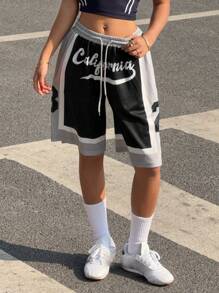 SHEIN EZwear Plus Size Casual High Street Black Bermuda Shorts ,Basketball Shorts Basketball Shorts Women Graphic Shorts California Shorts