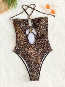 Swim SXY 女士连体豹纹交叉露背比基尼泳装，性感欧美泳衣 - 彩色 - 查看 3