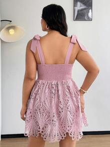 Flirla Vestido elegante y romántico de encaje con lazo y calado para tallas grandes - Rosa - Ver 7