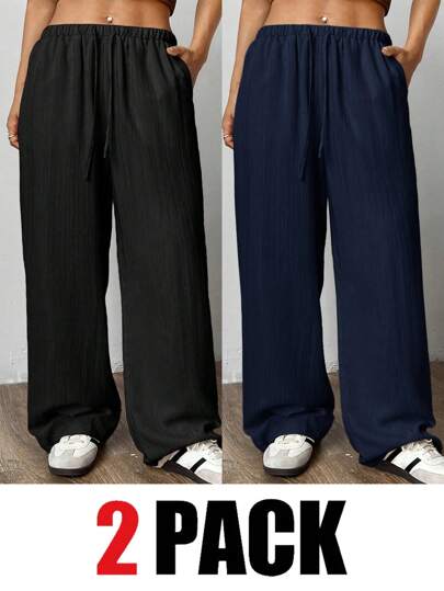 SHEIN EZwear 2pcs/Set Plus Size Women Pants, Navy Blue & Black Colored Summer Pants,Business Casual Woman