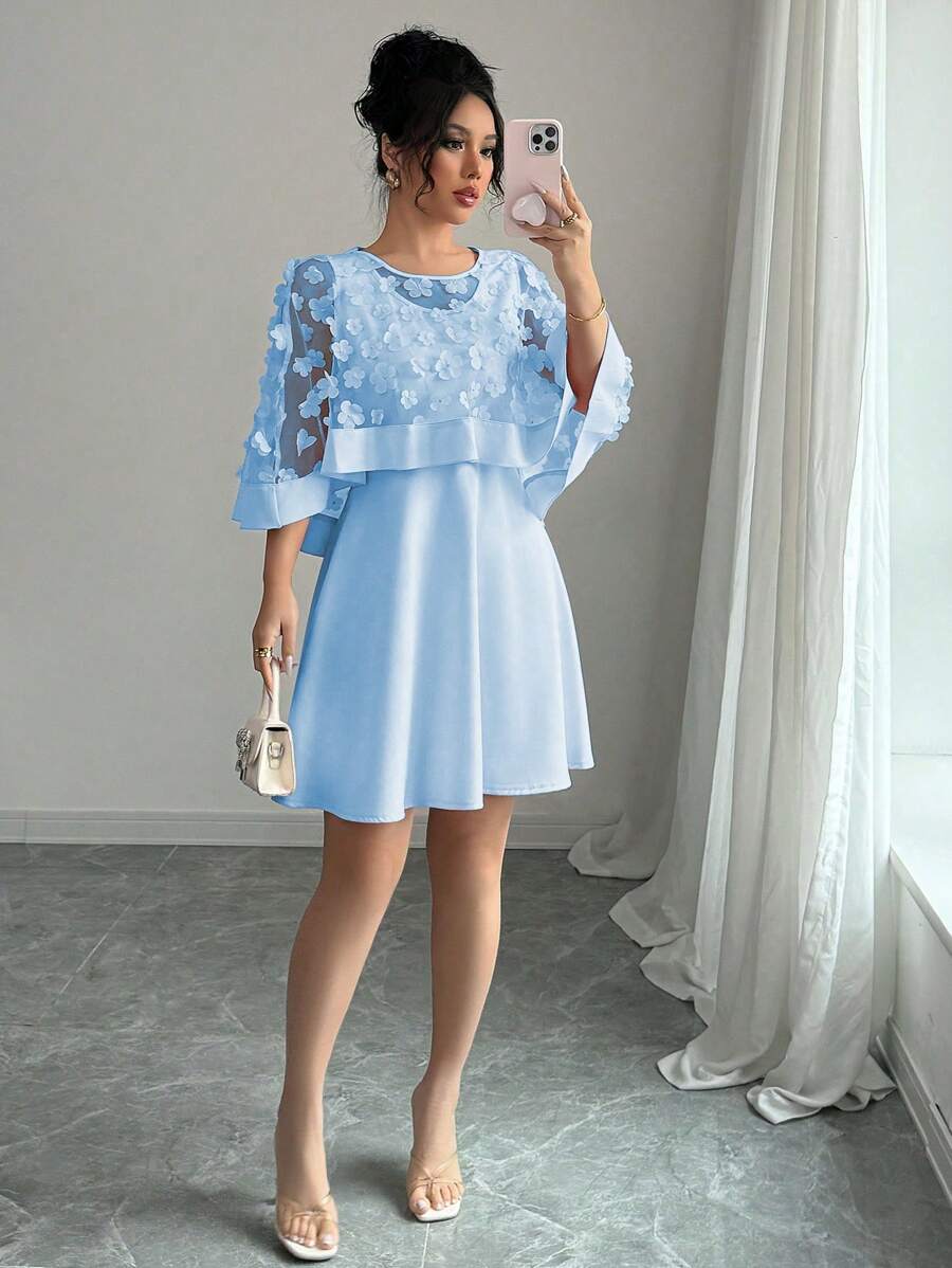 Elenzga Women's Round Neck Solid Color Elegant Chiffon Dress With Shawl - Blue - View 1