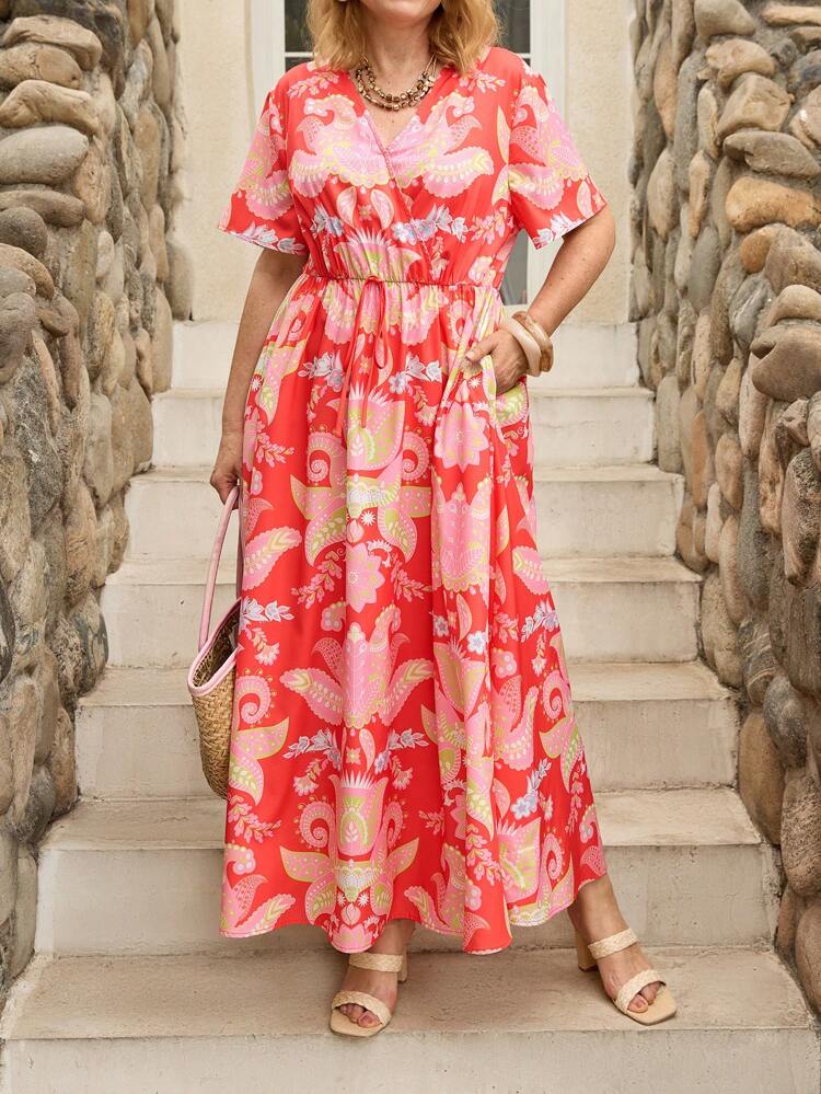 Plus Size Floral Print V-Neck Casual Short Sleeve Dress, Simple And Fashion Style, Suitable For Summer,Casual Holiday Style, Casual Holiday Outfits, Summer Fashion, Women's Summer Outfits, Mother's Day Outfits, Country Concert Outfits, Women's Boho Outfits, Women's Western Outfits, Women's Holiday Outfits, Women Summer Clothing Women Plus Clothing Business Casual Woman S Summer Clothes Women Plus Clothing Formal
