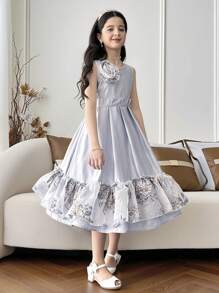 Tween Girls' Elegant & Comfortable Round Neck Sleeveless Woven Princess Dress - Blue - View 6