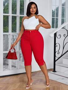 SHEIN SXY Jeans de talla grande de unicolor con bolsillo con abertura y longitud 7/8