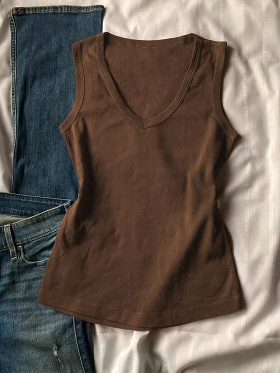 Chiquease Women Vintage Fall V-Neck Sleeveless Basic Tank Top, Casual & Versatile, Summer - Brown - View 1