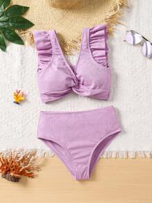 SHEIN Conjunto de bikini con cuello en V y volantes de color liso para niñas preadolescentes