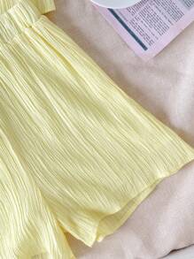 SHEIN Tween Girl Casual Solid Color Sleeveless Top & Straight Leg Shorts 2 Pieces Set, Tween Girl - Mustard Yellow - View 5