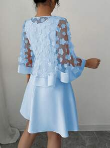 Elenzga Women's Round Neck Solid Color Elegant Chiffon Dress With Shawl - Blue - View 2