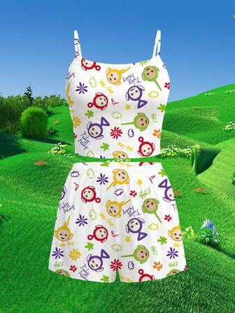 Teletubbies X SHEIN Ensemble de pyjama d'été, bretelles blanches et shorts, motif de dessin animé, mignon, casual, ajusté, haute élasticité, TINKY WINKY, DIPSY, LAA-LAA, Po, style motif, loisirs à la maison, Y2K, tout-aller, quotidien