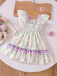 年轻女孩可爱郁金香印花盖袖蝴蝶结装饰蓬松连衣裙，碎花公主裙，春夏新品