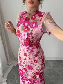 Selianne 女士度假短袖花卉刺绣连衣裙