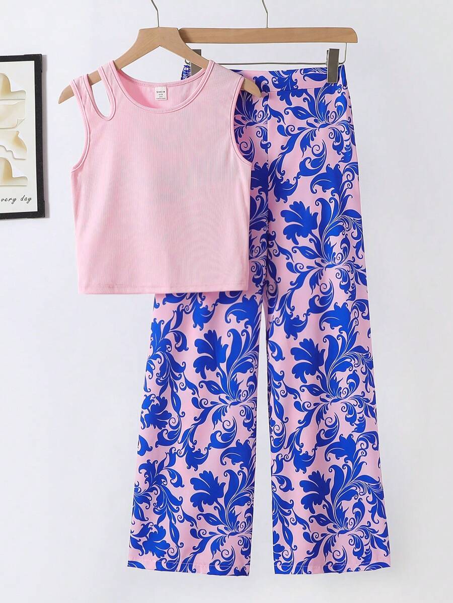 2pcs Teen Girl Solid Color Scoop Neck Sleeveless Tank Top And Green Floral Print Wide Leg Pants Set, Elegant Resort Wear - Multicolor - View 1